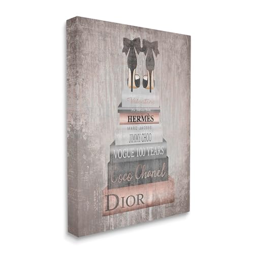 Image of 'Book Stack Heels Metallic Pink'| Canvas Art | Stupell Industries | 24 x 30 Inches, Easy to Hang and Sturdy, Made in USA, by Amanda Greenwood