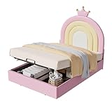 Azkoeesy Cama Infantil tapizada de 90 x 200 cm con somier y Espacio de almacenaje, Color Rosa