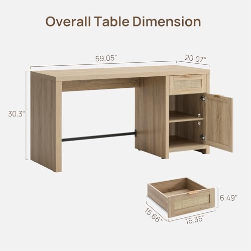 Image of SICOTAS 59 inch Rattan Computer Desk Wood Desk, Home Office Desk with Drawer | Large Boho Farmhouse Writing Table Vanity Desk with Cabinet for Office, Study, Living Room, Dining Room