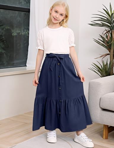 Image of Maxi Skorts Skirt for Girls Button Front High Waisted Long Skirt with Belt Ruffled Skirts with Pocket 3-12Years