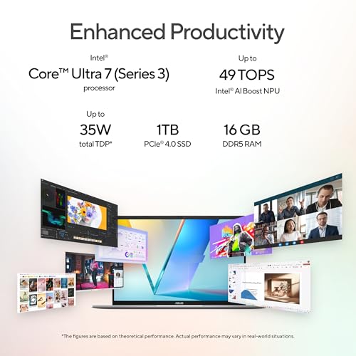 Image of ASUS Vivobook S16 (2026),Smartchoice,Intel Core Ultra 7 355 (Series 3),Intel iGPU, 16GB RAM, 1TB SSD, OLED, 16 inch(40 cm),Win 11,M365 Basic(1Y) Office 24,Cool Silver, 1.7 Kg, S3607AA-SH090WS, Copilot+ PC
