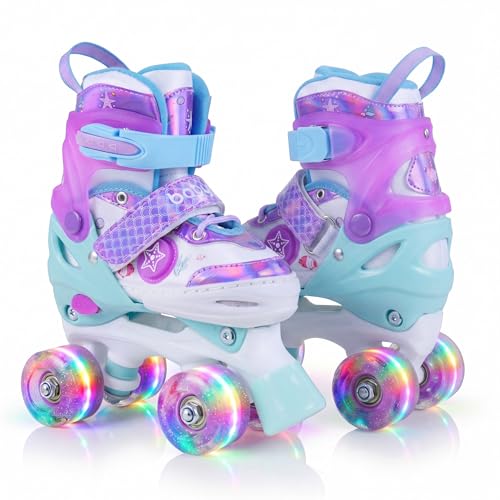 GOPLUS Patines de 4 Ruedas Infantiles, Patines en Paralelo para Niños con 4 Tamaños Ajustables, Ruedas Iluminadas, Freno, Tema Oceánica, para Uso en Interiores y Exteriores (L)