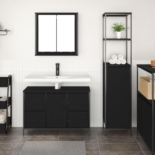 Brokky 3328374 Bathroom Furniture Set Set of 2 Black Oak Engineered Wood Wooden Standing Side Cabinet Unit for Living Room Kitchen Hallway