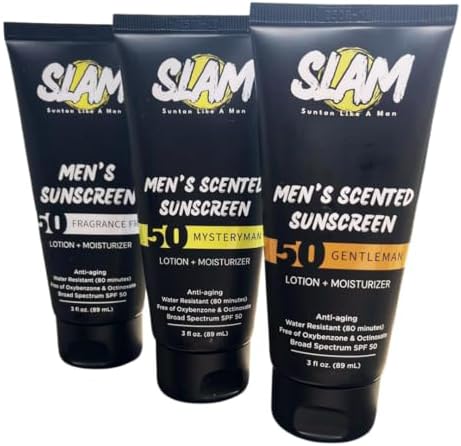 SLAM Men's Sunscreen Lotion SPF 50 & Moisturizer – Face & Body Sunblock, Anti-Aging, Water-Resistant, Hawaii Act 104 Safe, Skincare for Men, Scented & Unscented – 3 fl oz. each- Trio pack.