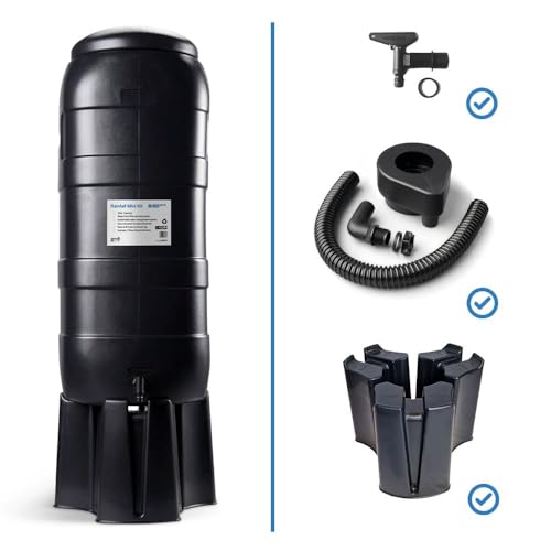 Image of 100L Slimline Black Rainfall Mini Water Butt Kit – Space Saving Rainwater Water Butt Complete with Stand, Lid, Hose Connect Tap & Rain Diverter for Garden Water Storage – UK DESIGNED AND MANUFACTURED