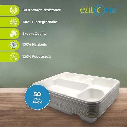 Image of EATONS | 5 Compartment Bagasse Meal Tray | Pack of 50 | Disposable Plates Big Size | Sugarcane Paper Plates | Ideal for Events, Caterers & Buffet | Heavy Duty, Leakproof, Microwave Safe
