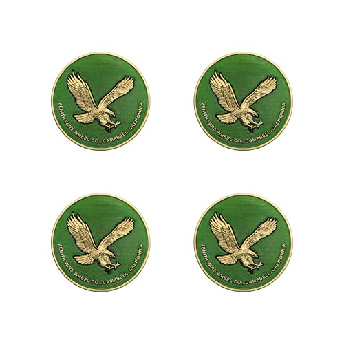 Image of Zenith Eagle Gold & Candy Green Metal Wheel Chip Emblems (Set of 4) | 24K Triple Gold Plated Solid Metal Wheel Chip Emblems, 2.25 inch | for Lowriders w /Recessed Knock Off Spinner Caps