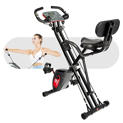 ADVENOR Exercise Bike Magnetic Bike Fitness Bike Cycle Folding Stationary Bike Arm Resistance Band With Arm Workout Backrest Extra-Large Seat Cushion Indoor Home Use (black&red)