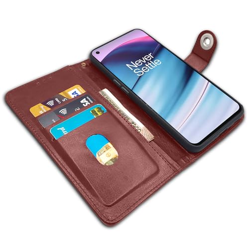 Image of Pikkme Oneplus Nord Ce 5G Flip Cover Leather Finish | Inside TPU with Card Pockets | Wallet Stand and Shock Proof | Complete Protection Button Flip Case (Brown)