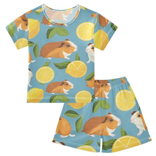 ALAZA Guinea Pig Lemon on Blue Pajamas Short Sleeve 2 Piece Sleepwear Top and Bottom Pajama Set Unisex