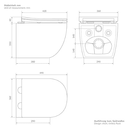 ECD Germany Hänge-WC kurz, spülrandlos mit Nano-Versiegelung, schwarz matt, Wand-WC mit WC-Sitz abnehmbar aus Duroplast Softclose Absenkautomatik, Tiefspüler Toilette aus Sanitärkeramik, Tiefspül-WC – Bild 8
