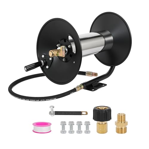 NuFlySic Pressure Washer Hose Reel Power Washer Hose Reel 3/8 NPT Outlet Pipe Heavy Duty Steel High Pressure Washer Reel 4000 PSI with Hand Crank Swivel Arm for Power Washer, 100FT