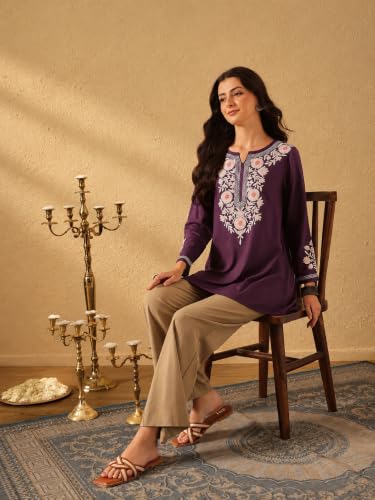 Image of QAZMI Women's Aari Embroidered Viscose Rayon Full Sleeves A-Line Flared Short Kurti