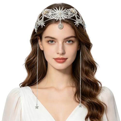 Diadème de mariée vintage en strass et perles avec chaînes étoiles pour un mariage élégant