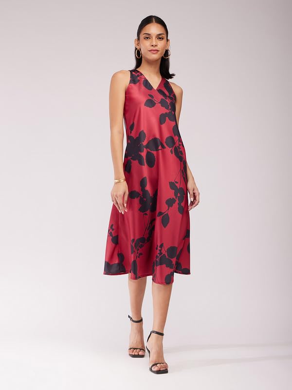 Image of FableStreet Women Party Dress | Elegant A-Line Fit Midi Length V-Neck Sleeveless | Lustrous Satin Fabric for Evening Gatherings & Celebrations