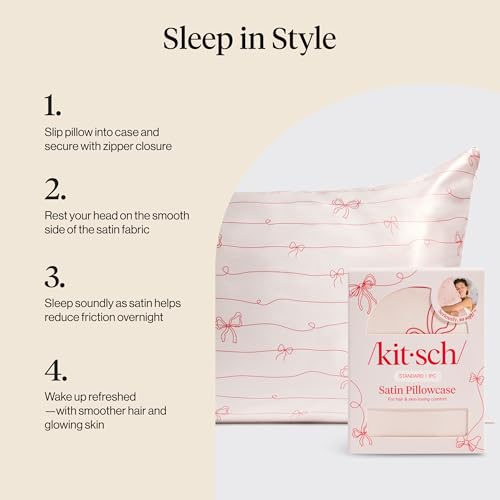 Image of Kitsch Satin Pillowcase with Zipper - King Size, Striped Bows | Softer Than Silk Pillow Cases, Smooth Cooling Satin Pillow Case for Hair and Skin, Wrinkle-Free, Machine Washable