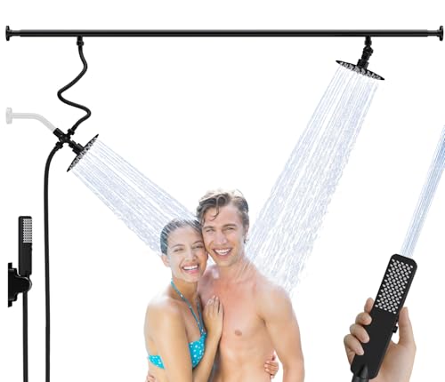 Dual Shower Head for Couples, Adjustable High Pressure Tandem Shower Head, Double Shower Heads for Two People Rod, 6-Setting Diverter, Dual Rain Shower Head with Handheld Combo - Matte Black
