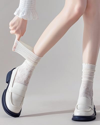 Image of Womens Lace Ankle Socks Mesh Lace Loose Socks Cute Casual Solid Color Princess Socks Sheer Dress Socks 6 Pairs 4-9