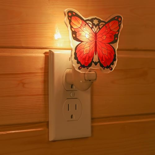 Image of Butterfly Night Light Plug into Wall Orange and Red Bulb Included Manual On /Off Switch Stained Glass Styled Made with Real Glass Hallway Bathroom Gift for Girls Mothers