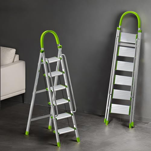 Image of BUILDSKILL Aluminium Ladder for Home 6 Steps | 35x16cm Wide Anti-Slip Aluminium Steps | Stainless Steel Body | Handrails | Load 150 Kg| Foldable Lightweight 6.5KG Ladder for Kitchen, Office & Home
