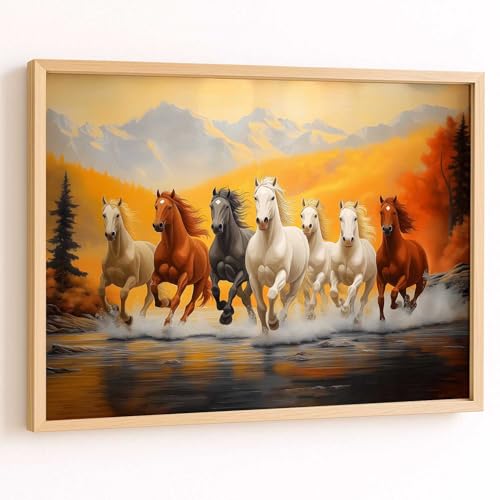 Image of HOTHOUSE Seven Running Vastu Lucky Horse Rising Sun Painting Wall Decor | 7 Horses Vastu Frame Wall Art Painting for Living Room Bedroom Office Home Decor Size (10X13 inch)