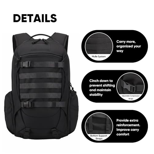 35L Tactical Backpack for Men, MOLLE Military Bug Out Bag, Waterproof Rucksack for Hiking with Hydration Port Black - Image 5