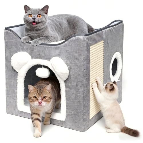 Lits d'intérieur Pliables pour Chat, Maison pour Chat Intérieur, 40×40×40 cm, Maison pour Chat avec condo Confortable, Boule Suspendue, fenêtre Ronde, 2...
