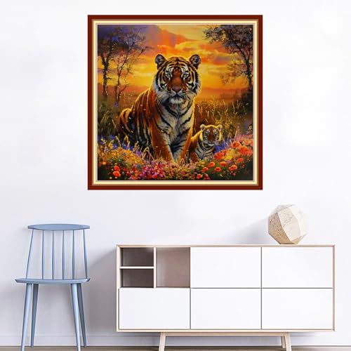 Image of Joyhoor Cross Stitch Kits for Beginners Stamped Cross-Stitch Supplies Needlework preprint Embroidery Kits for Adults DIY Needlepoint Kits Embroidery Patterns 11CT-Tiger Scenery 18x18 inchs