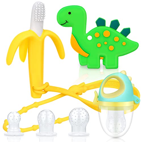 Image of SHARE&CARE Baby Toys Dinosaur Teether, Banana Teether, Food Feeder Pacifier, Baby Essentials, Baby Must Haves, Baby Stuff for Newborn (Green)