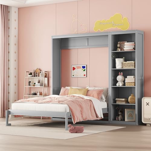 Jintop Full Size Murphy 2 Four-Layer Shelves and 4 Drawers,Solid Wood Storage Hide Away Folding Wall Beds,w/LED Lights,Space-Saving,for Home Office,Study,Guest Room,Gray