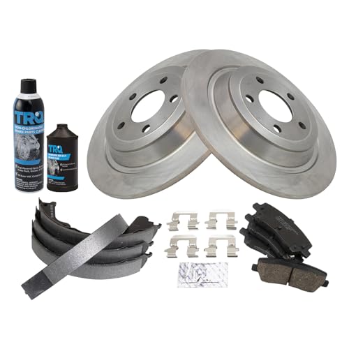 Image of TRQ Rear Brake Pad & Rotor Kit, with Chemical Kit Parking Brake Shoe Set Ceramic Compatible with 2015-2020 Ford Mustang