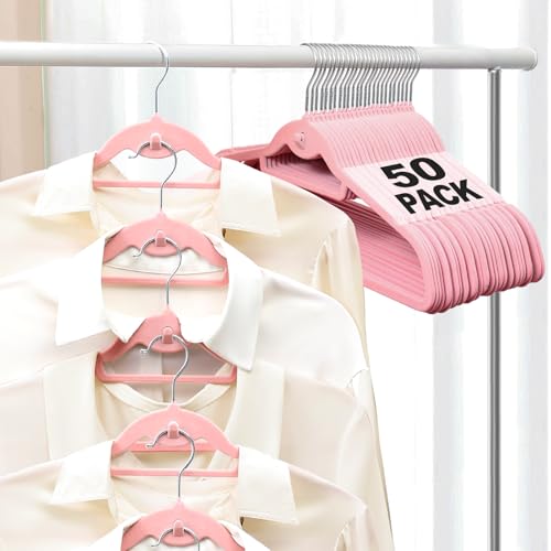 Velvet Felt Stackable Hangers 50 Pack, Thin & Space Saving, Pink | Non Slip, 15Lbs Capacity Heavy Duty With 360° Swivel Hook, Shoulder Notches, No Shoulder Bump, for Coat Suit Shirt Dress