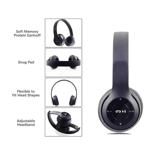 Image of JPGC Wireless Bluetooth Headphones, P47 Over-Ear Headset with Extra Bass, Foldable Design, Soft Memory Protein Earmuff, Bluetooth 5.0, FM Radio, SD Card Support, AUX Input, Black
