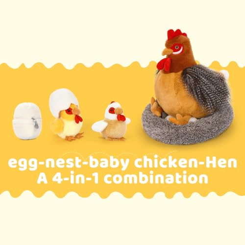 MorisMos 35cm hoch riesen Huhn Kuscheltier XXL mit 3 Babys im Nest, süß Küken mit Ei plüschtier stofftier,chickenteddy Geburtstag Weihnachten Geschenk für Kinder Baby-Hellbraun