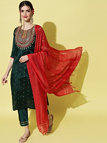 Image of VredeVogel Women's Silk Blend Embroidered Straight Kurta Trouser with Dupatta Set