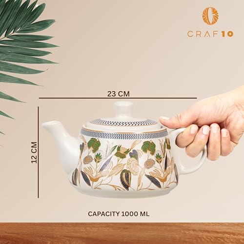 Image of CRAF10 Handcrafted Ceramic Botanic Gold Teapot Cup Set - 1 Kettle (1 Litre) & 6 Cups (160 ML), Microwave & Dishwasher Safe | Morning Set | Tea Sets with Kettle for Gifting