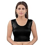 themilestocks TMS Women's Blouses Readymade Gold Stretchable Saree Crop Top Choli Free Size Sparkling (One (Can fit bust 28''-38''), Black Sleeveless)