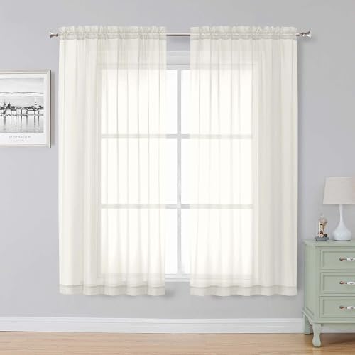 Image of Simplebrand Ivory Sheer Curtains, 63 inch Length, 2 Panels Set - Light Filtering, Rod Pocket Window Curtains for Bedroom (Ivory, 59 inch W x 63 inch L)