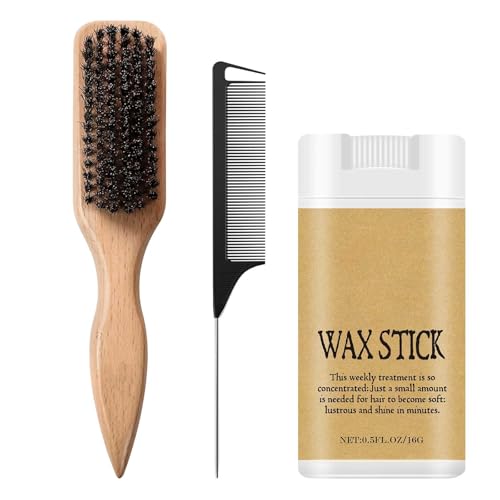 Slick Back Hair Brush & Hair Wax Stick Set for Women & Kids Boar Bristle Brush for Sleek Sectioning & Parting Wax Stick Control Smooth Flyaways & Baby Hairs air Pomade Stick
