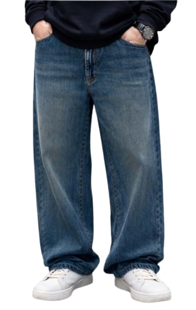 Image of Baggy Fit Denim Jeans for Men, Mid Rise Loose Fit Wide Leg Blue Washed Trousers for Casual Streetwear, Travel, College, Weekend Outings and Everyday Use
