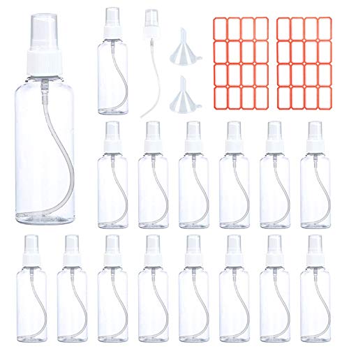 16 pcs 100ml/3.4oz Fine Mist Spray Bottles, Clear Empty Plastic Spray Bottle, Small Travel Bottles Set, with Extra Nozzle Labels and Funnel for Travel Cleaning Solutions