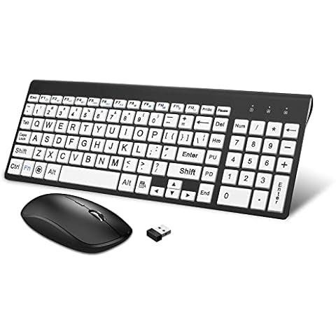 HXMJ-Wireless Large Print Keyboard and Mouse Set with USB Receiver| Quiet Scissor Switch | for Seniors and Visually Impaired Low Vision Individuals-White Cover