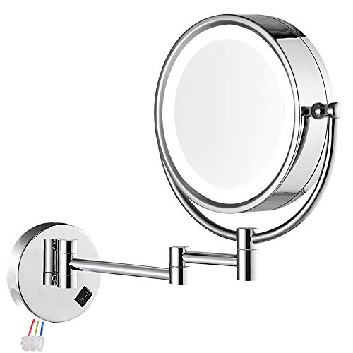 DOWRY Wall Mounted LED Lighted Makeup Mirror Hard Wire, 8 Inch Cordless, Double-Sided Polished Chrome Finished, Brass 1809D-Hardwire (10x, Chrome) Not Battery Powered