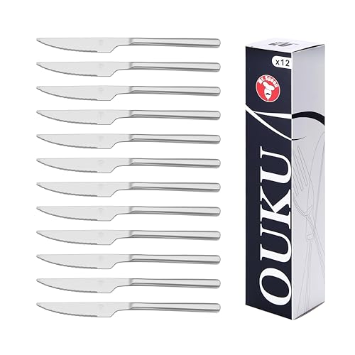 Mr.Spoon Juego de 12 Piezas Cuchillo de sierra,Cuchillo de carne Acero Inoxidable,230×6mm,13/0,Plateado,mango monobloque,Caja Envase Ecológico,Para Casa, Hotel, Restaurante