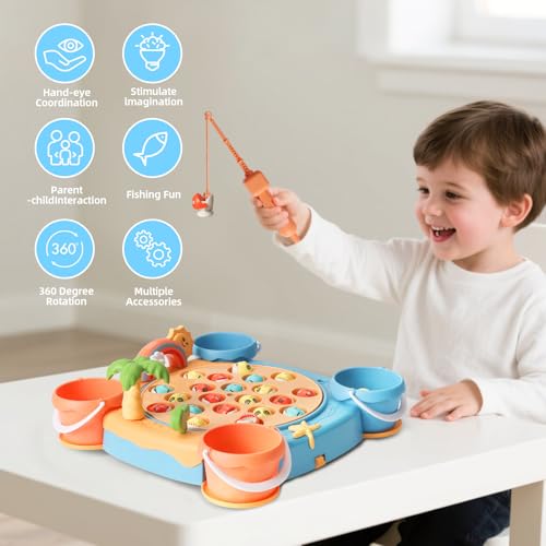 Image of Small Magnetic Fishing Game Toys for Kids Include 31 Colorful Fish,Magnetic Fish Rods,Rotating Board with Music,Fishing Toy Gift for Toddlers(Size 25cmX25cmX13.5cm)