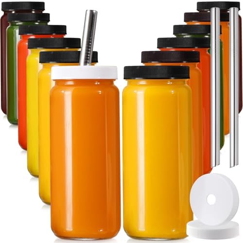 12 PACK, 16 OZ Glass Juice Bottles with Airtight Lids, Bonus 2 St...