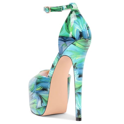 Image of TNYNFBEB Womens Stiletto High Platform Heel Peep Open Toe Sandals Ankle Strap Buckle Prom Party Dress Patent Leather 6.1 Inches Heels