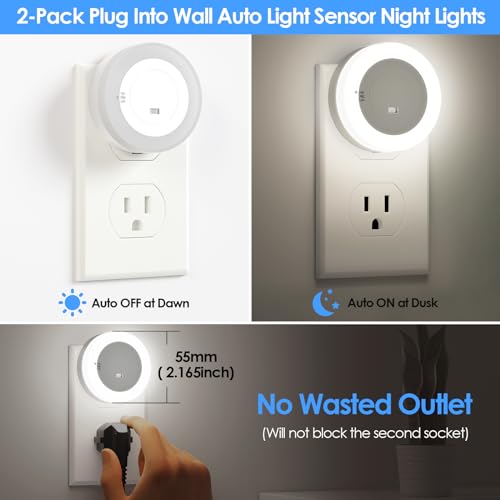 Image of 2-Pack LED Night Lights Plug in Dimmable with Sensor 5000K Daylight White | Nightlight Plug Into Wall Adjustable for Adults Bedroom Bathroom Living Room Kitchen