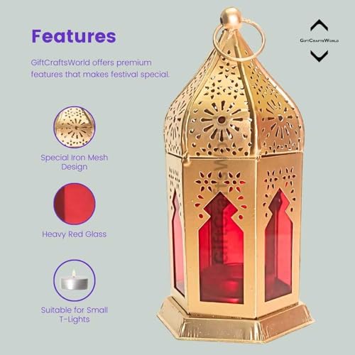 Image of Stainless Steel Moroccan Lanterns & Candle Holders for Home Decor - Unique Diwali & Christmas Gifts (Red, Set of 4)