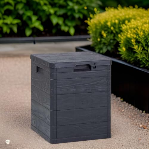 MA MAISON Aufbewahrungsbox für den Garten, 90 Liter, Holzoptik, Aufbewahrungsbox aus Kunstharz, Anthrazit, Maße 42,5 x 44 x 50 cm, für den Außenbereich und Innenbereich, UV-beständig